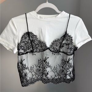 SHEIN White and Black Lace Overlay Short Sleeve Tee